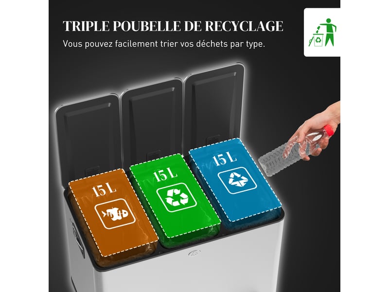  Poubelle de cuisine tri sélectif 3 compartiments en acier argent 61,9x36,6x43,2 cm  - Conforama D