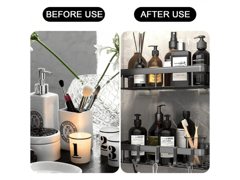  Lot de 2 etagere douche sans percage,etagere murale salle de bain aluminium mit 4 crochets,support douche auto-adhésif,tablette de douche  - Conforama E
