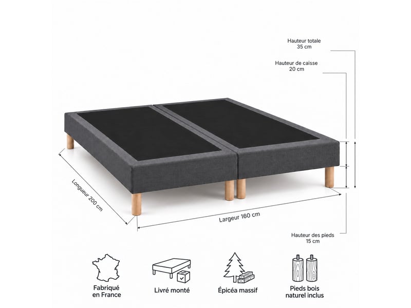  Lot de 2 sommiers tapissiers déco 80x200 cm gris - 160x200 - hauteur 35 cm - 8 pieds inclus  - Conforama E