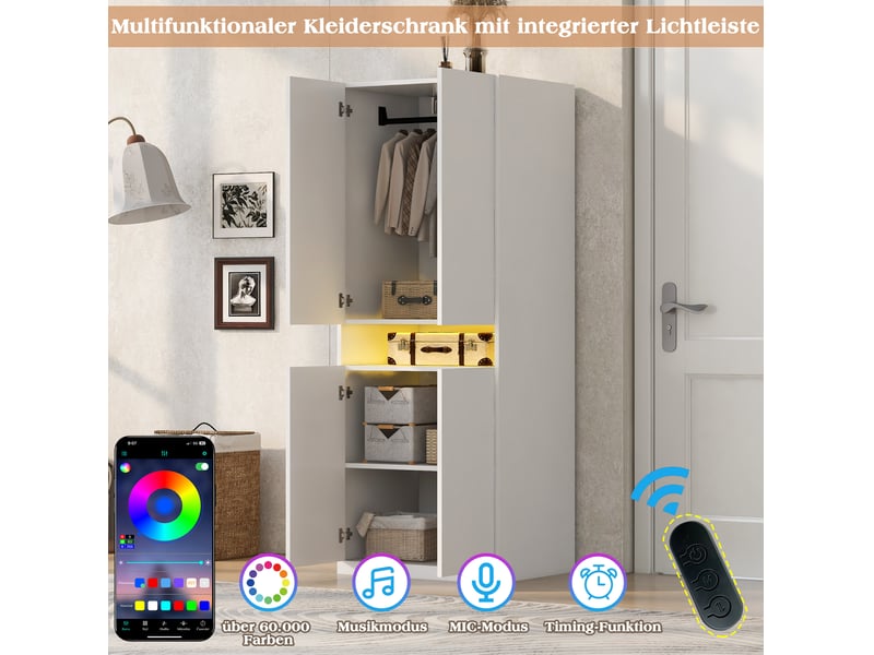  Armoire dressing 70x55x180 cm, 2 portes, grand rangement, penderie niche, led éclairée, mdf, blanc  - Conforama E