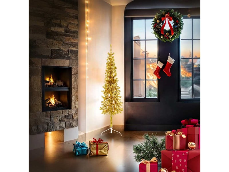  Demi sapin de noël, arbre de noël artificiel mince avec support doré 150 cm  - Conforama A