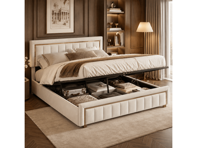 Lit coffre adulte 140x190 cm - lit rembourré double avec sommier à lattes et espace de rangement hydraulique - lit capitonné - cadre de lit 2 personnes - sommier à lattes et tete de lit rembourré - velours beige - sans matelas -… - Conforama W
