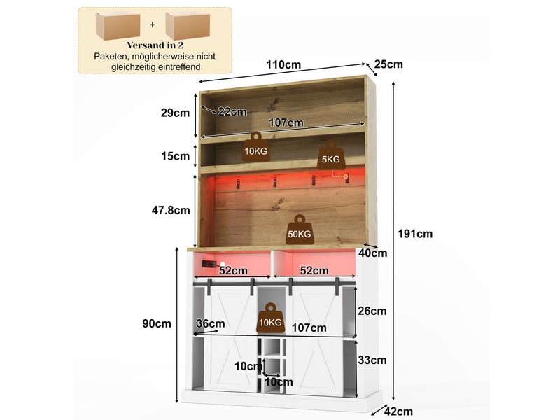  Buffet de cuisine haut 191x110x40 cm, meuble rangement cuisine avec capacité de charge 50 kg, portes coulissantes, étagères ouvertes et crochets latéraux  - Conforama C