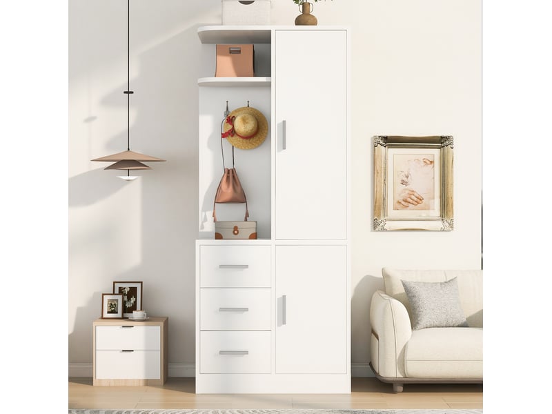  Armoire avec porte, tiroirs, étagères ouvertes, penderie et crochets pour chambre, en bois blanc, 70 × 50 × 170 cm  - Conforama C