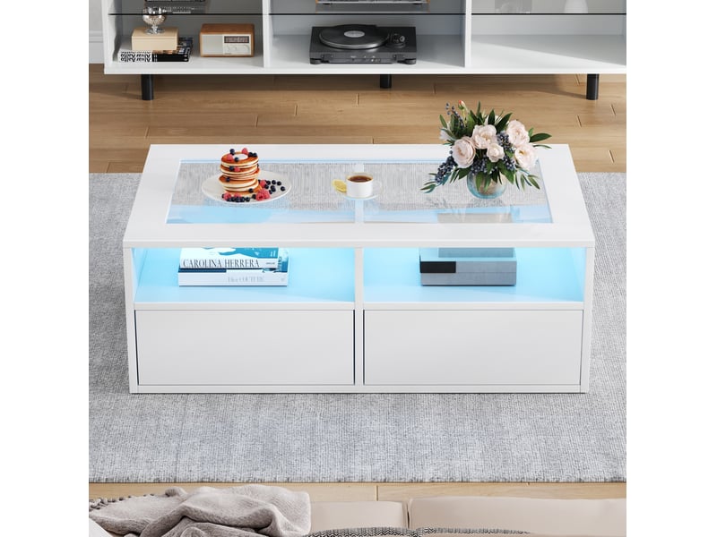  Table basse led 100 x 50 x 35 cm avec plateau en verre, 2 tiroirs, blanche  - Conforama E