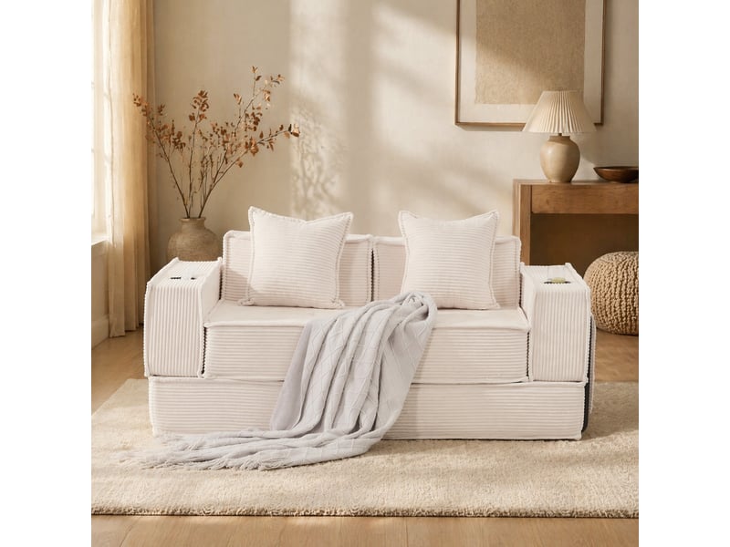 Canapé droit 2 places avec poches latérales et 2 coussins - assise enveloppante, velours côtelé beige - Conforama B
