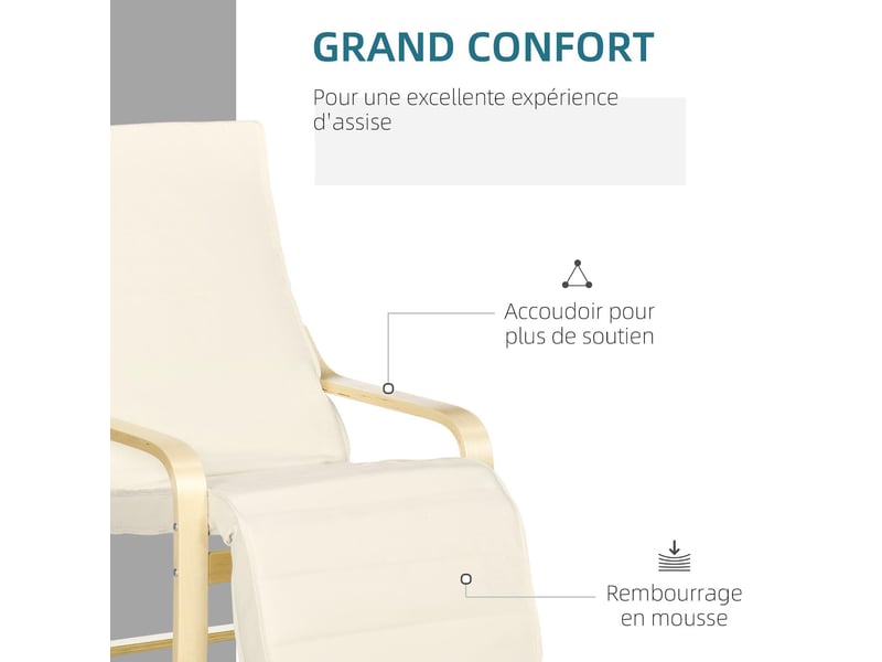  Fauteuil relax avec repose-pied réglable en bois massif crème 94x66,5x100 cm  - Conforama E