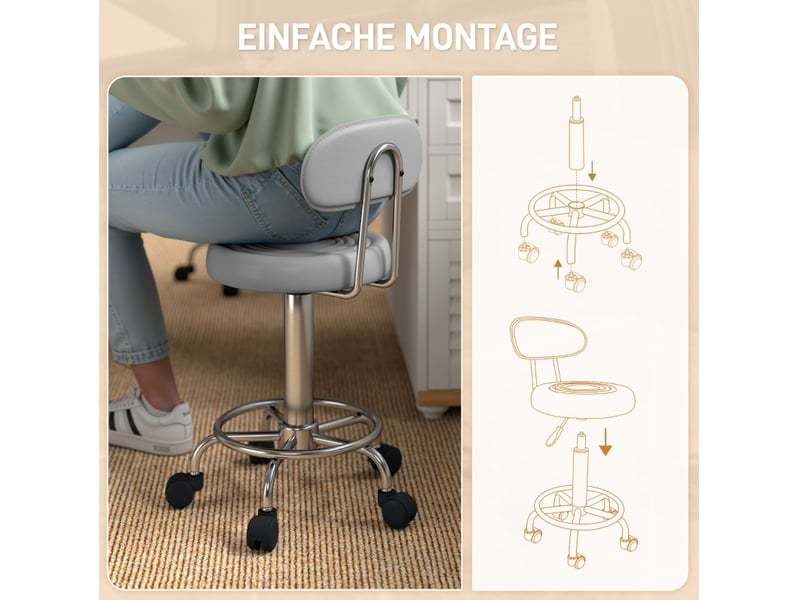  Tabouret roulant pivotant réglable avec dossier, revêtement en cuir synthétique, repose-pieds, pour table de maquillage, gris  - Conforama E