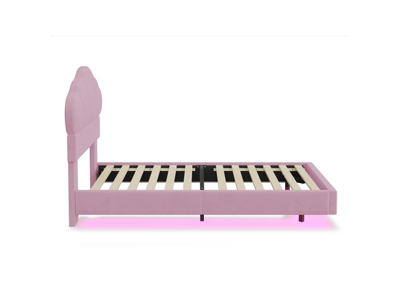  Lit enfant 90x200 cm, led, tête de lit et sommier, style moderne, velours rose, sans matelas  - Conforama D