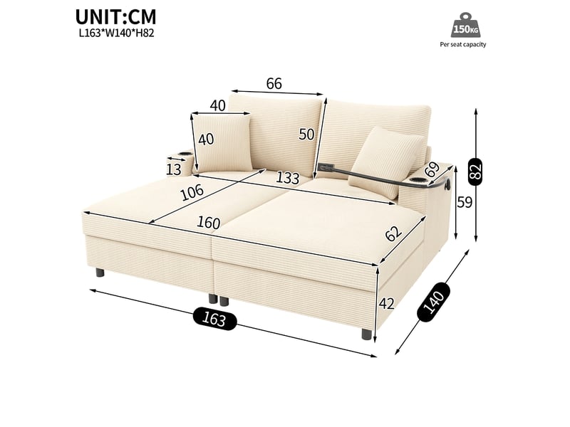  Canapé droit fixe 2 places velours côtelé beige canapé beige - Conforama C