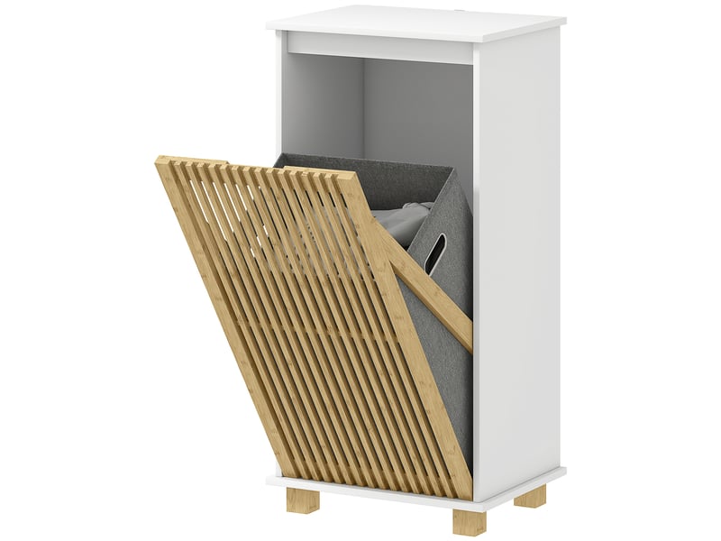  Meuble salle de bain avec panier à linge, porte à lattes en bambou et sac amovible, blanc et effet bois naturel  - Conforama B