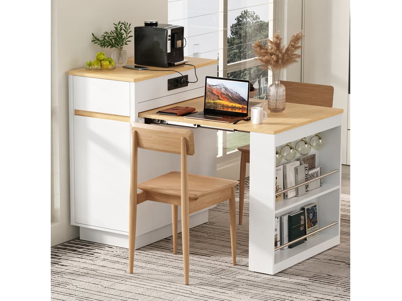  Îlot de cuisine extensible avec rangement, prises usbtype-c et led, blanc  - Conforama B