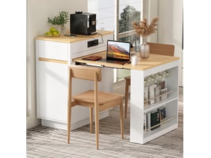 Îlot de cuisine extensible avec rangement, prises usbtype-c et led, blanc