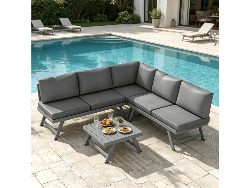  Salon de jardin d'angle 5 places gris en acier et aluminium, 4 pièces avec table basse et dossiers réglables  - Conforama E