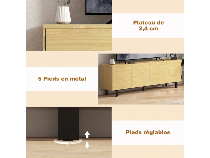  Meuble tv 180 cm, meuble télé pour 82 pouces avec 4 portes à ouverture par pression bois naturel 180x35x55,5cm  - Conforama R