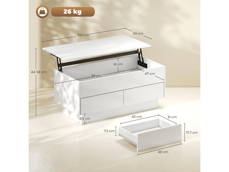 Table basse relevable, table de salon avec compartiment caché et 2 tiroirs, blanc, 100 x 50 x 44 cm - Conforama C