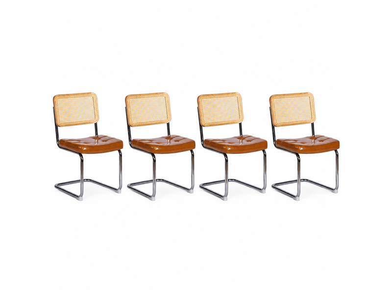  Lot de 4 chaises de salle à manger cantilever 53x46,4x84,6 cm, dossier en cannage rotin, assise rembourrée en similicuir, piètement chromé, marron  - Conforama A