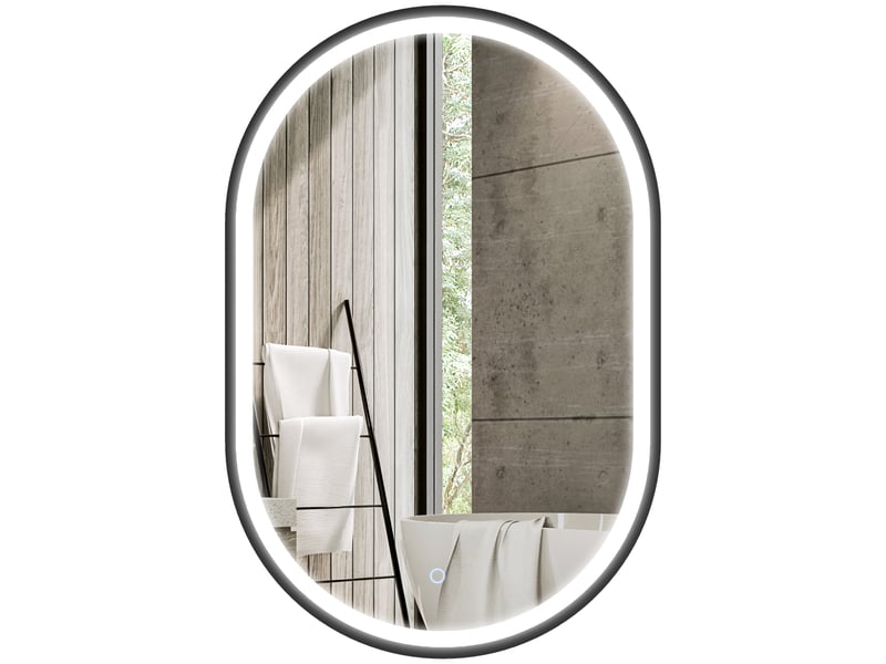  Miroir de salle de bain ovale mural 60 x 90 cm avec éclairage intégré, 3 couleurs de lumière, luminosité réglable, fonction antibuée, noir  - Conforama B