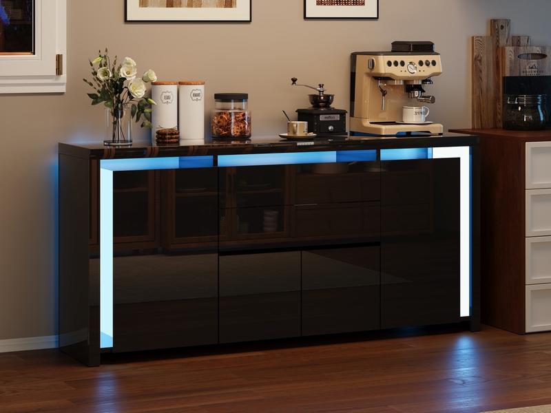 Meuble cuisine noir, 160x35x75 cm buffet cuisine bas noir laqué avec éclairage led - 4 portes et 2 tiroirs - pour cuisine, salle à manger, salon - Conforama B