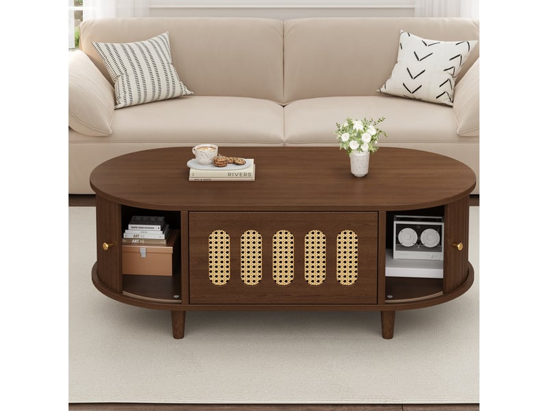 Table basse à bords arrondis 100 x 50 x 40 cm, 1 tiroir à pression, 2 portes à rideau, façade à cannage, mdf et pieds en bois massif, décor noyer Luxe haut de gamme - Conforama D