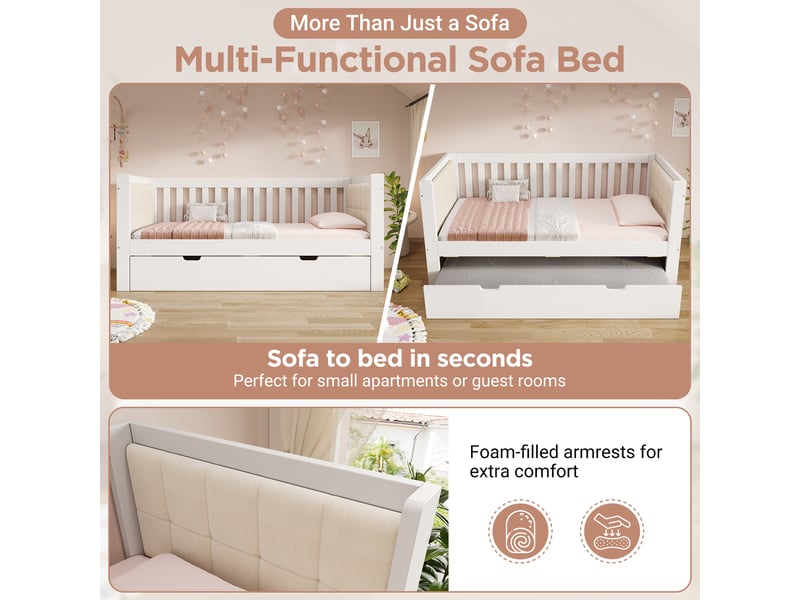 Lit gigogne 90x190 cm - lit 2 personnes avec tiroir 90x190 cm - idéal petit appartement - bois de pin - blanc - Conforama D