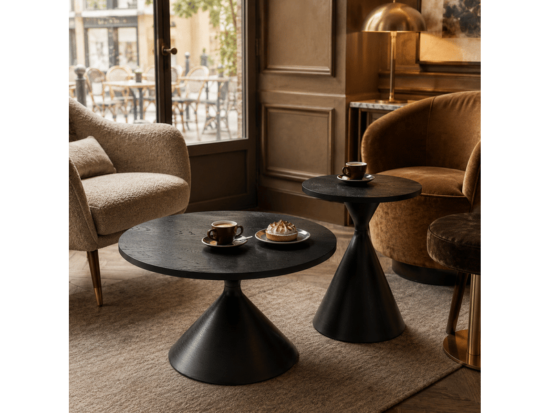 Table basse fixe et table d'appoint rondes, lot de 2 avec plateaux effet bois noir et piètements en acier pour salon  - Conforama B