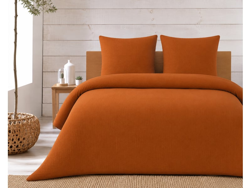 Parure de lit complète 240 x 220 cm gaze de coton 2 taies 63x63 cm + drap housse 140x190 cm caramel