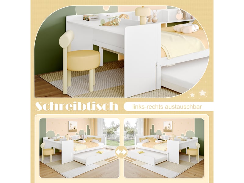 Lit double 140x200 en bois avec bureau intégré et lit gigogne 90x190 - blanc  - Conforama E