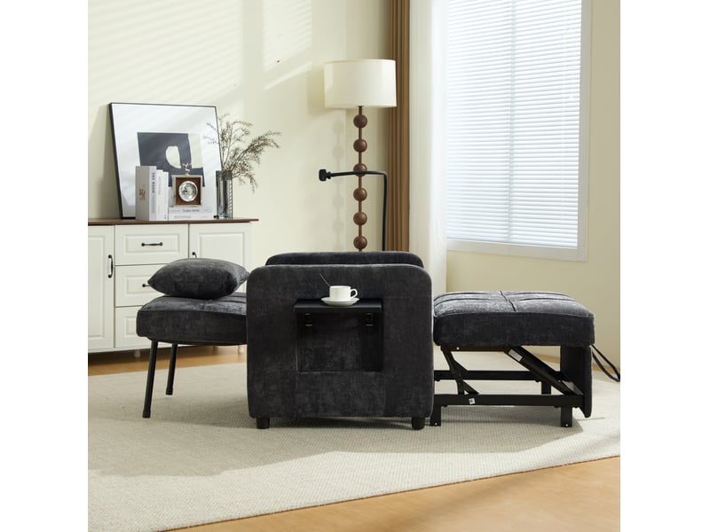  Fauteuil convertible 79x66x83 cm, dossier 5 positions, coussin, canapé 1 place, tablette, rangement, tissu en chenille gris foncé  - Conforama E