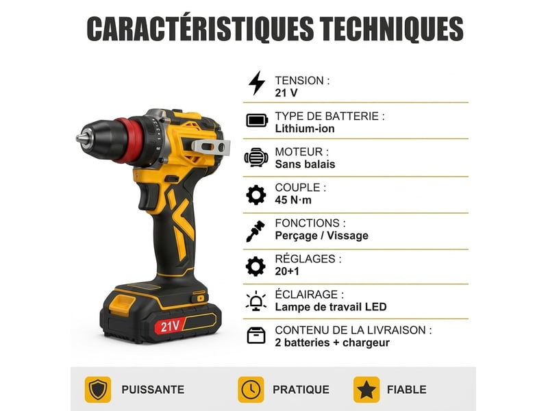 Perceuse visseuse sans fil brushless 45nm, 2 vitesses, éclairage led, avec 2 batteries, chargeur, mallette de transport et accessoires – outil électroportatif pour bricolage et maison - Conforama C