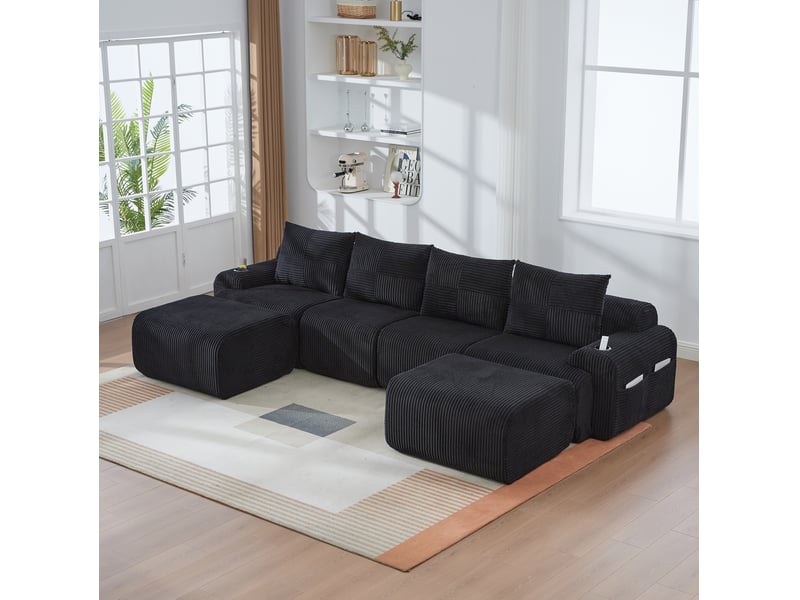  Canapé modulable 4 places en velours côtelé noir avec 2 poufs, porte-gobelet et poche latérale  - Conforama B