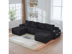 Canapé modulable 4 places en velours côtelé noir avec 2 poufs, porte-gobelet et poche latérale