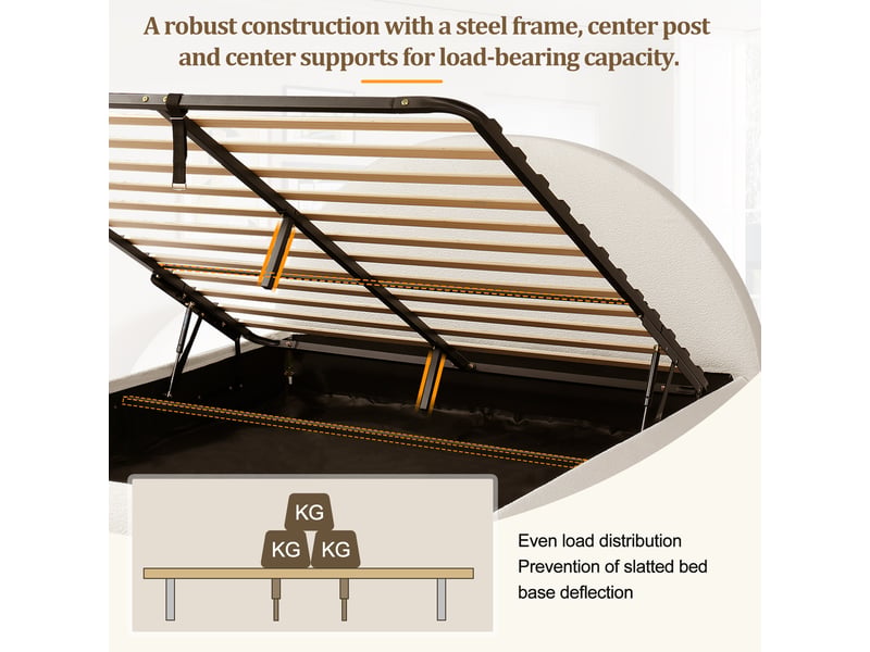  Lit double rembourré, rangement hydraulique, avec sommier et tête de lit, tissu bouclé, blanc - 160 × 200 cm  - Conforama W
