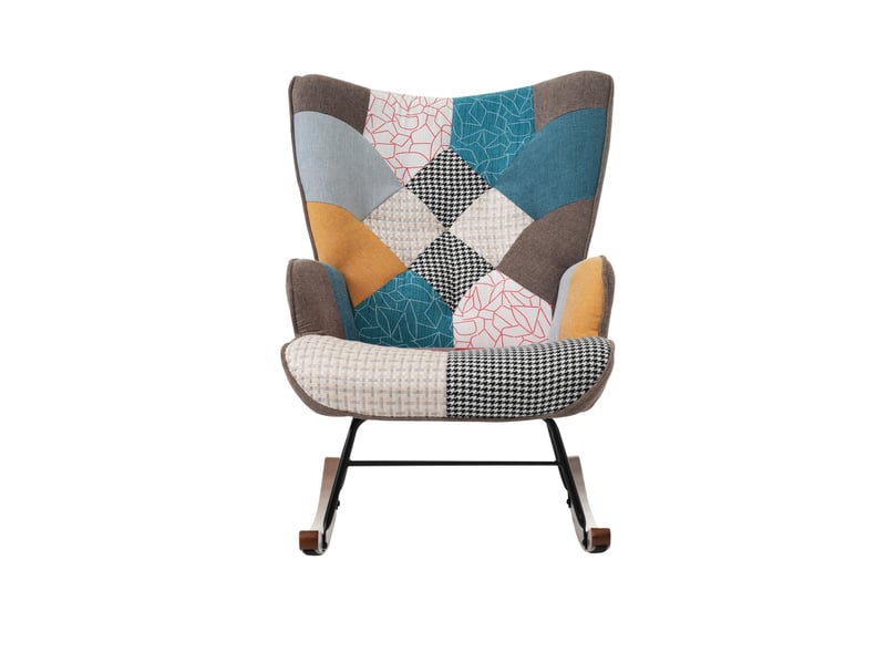 Fauteuil à bascule avec repose-pieds, dossier rembourré et structure en bois massif et fer, en mousse multicolore - Conforama E