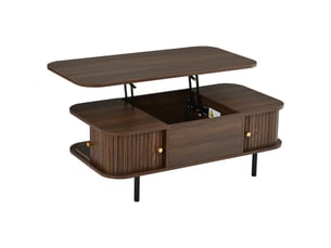 Table basse relevable avec plateau hydraulique, 2 en 1 pour salon et bureau, 101x51cm, mdf noyer, portes coulissantes, rangement caché
