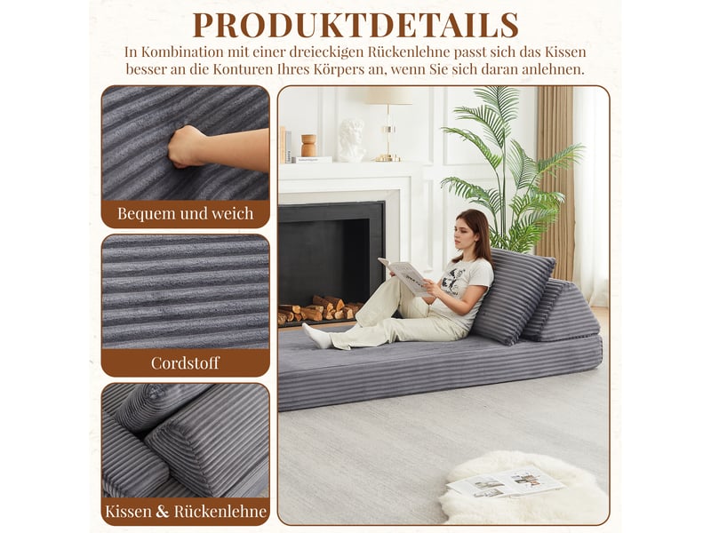  Canapé modulable 211 cm en velours côtelé gris, convertible en lit, 2 dossiers triangulaires, 2 coussins, configuration libre  - Conforama E