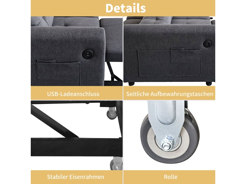  Canapé convertible 3-en-1 2 places avec dossier réglable, canapé-lit avec port usb, poches aux accoudoirs, coussins, salon, chambre, appartement Seren Glow - Conforama E