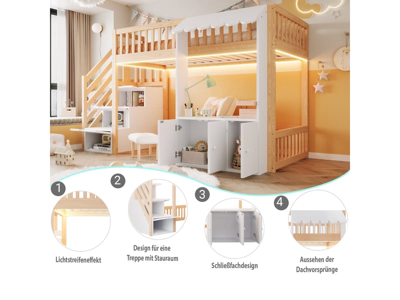  Lit mezzanine enfant simple 90×200 cm, escalier rangement et led multicolore  - sans matelas, bois naturel  - Conforama E