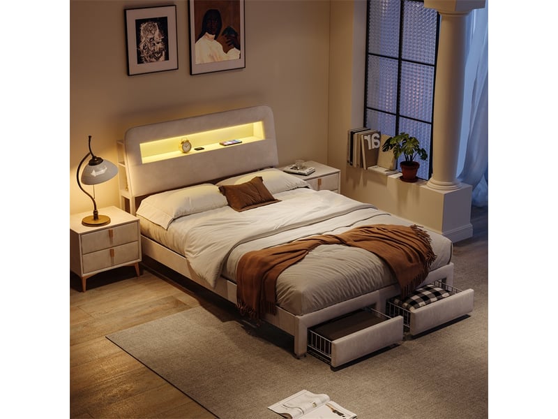 Lit 160x200cm - lit double 160x200cm - lit avec tête de lit velours, 2 tiroirs, led et usb type-c - blanc cassé - Conforama D