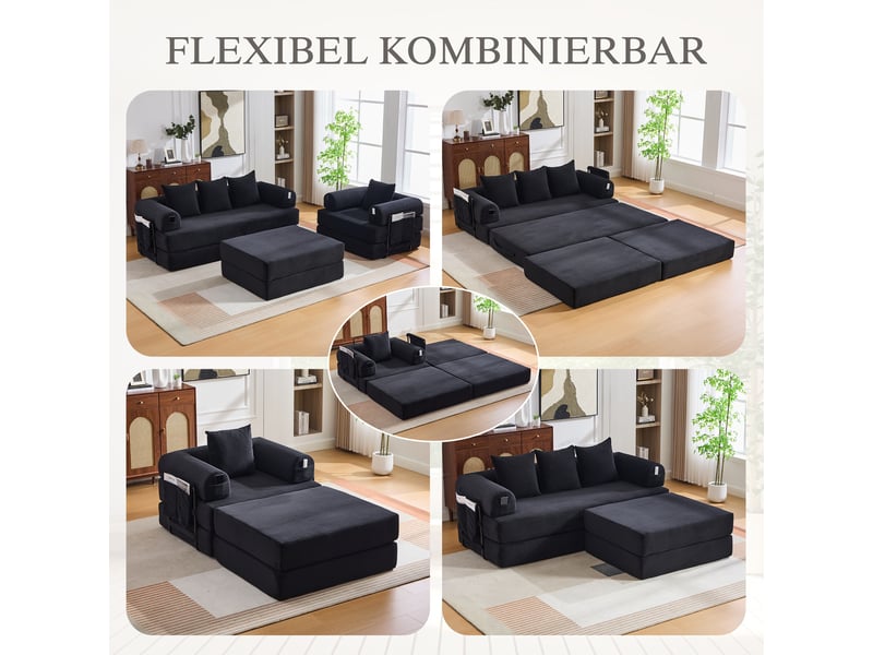  Canapé modulable, canapé 4 places, en velours tricoté, poches latérales, mousse haute densité, avec pouf  - Conforama E