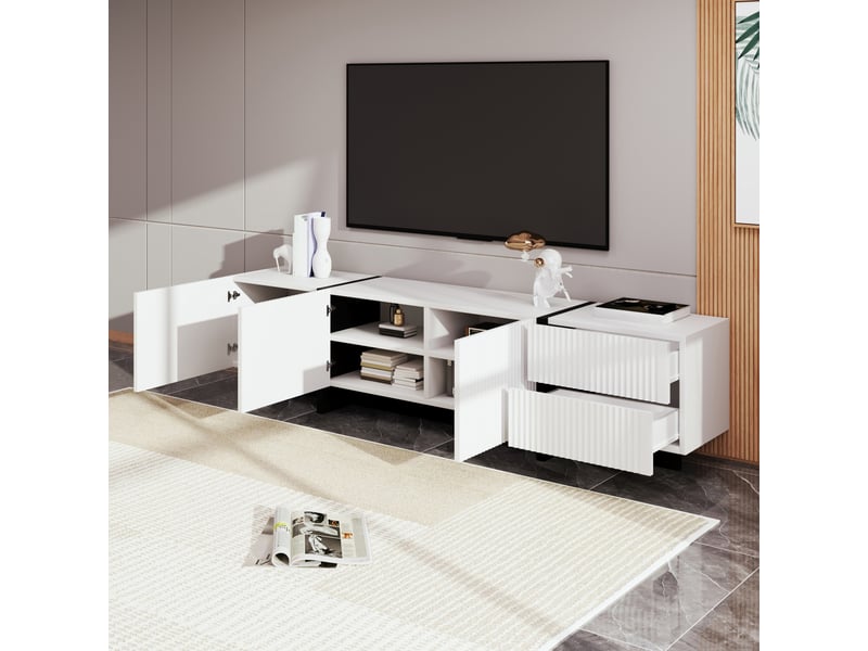 Meuble tv modenvie 190 x 35 x 45 cm 3 portes 2 tiroirs mdf et panneaux de particules blanc et noir  - Conforama E