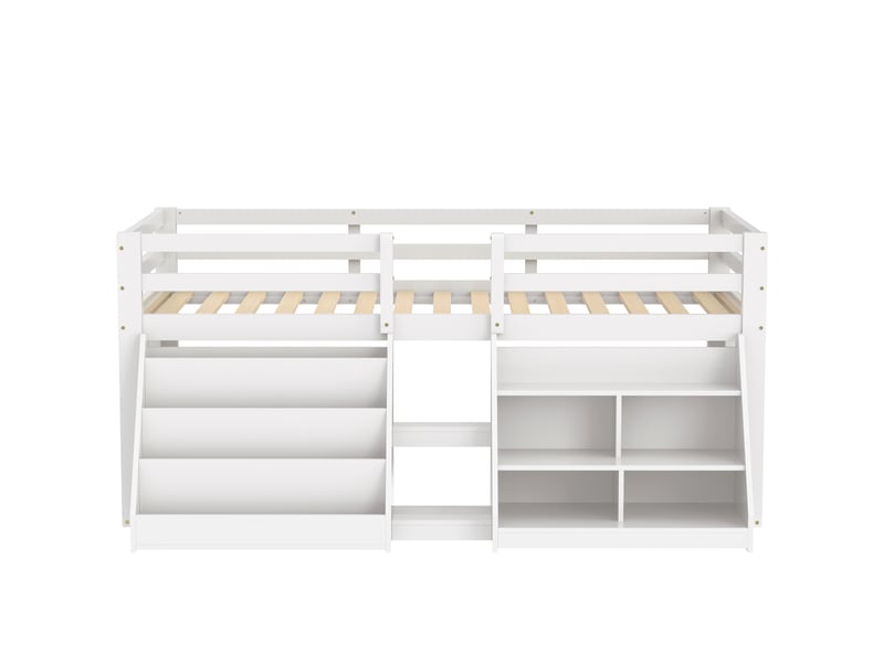 Lit mi-hauteur blanc 90 × 200 cm en pin, étagères de rangement, garde-corps et échelle - Conforama A