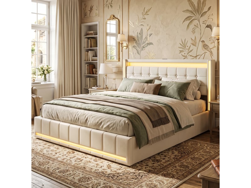  Dreammespace lit double queen size 160x200 cm avec 4 tiroirs et prises usb type-c cadre led sommier à lattes tissu lin beige DreamMespace - Conforama C