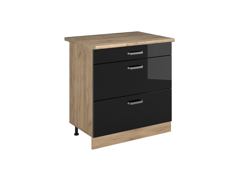  Vicco meuble cuisine, noir haute brillancechêne doré, 80cm avec 3 tiroirs plan de travail chêne doré  - Conforama A