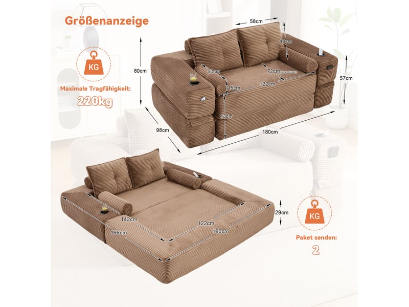 Canapé convertible 2 places avec couchage, poches latérales, porte-gobelet et coussins en velours côtelé marron - Conforama C
