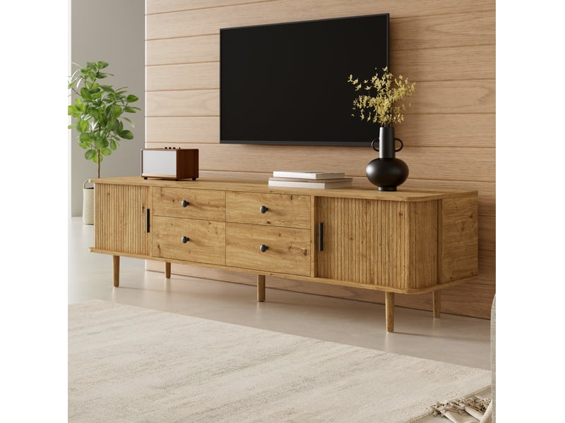  Meuble tv 165 cm avec 4 tiroirs et 2 portes coulissantes, mdf, décor bois, angles arrondis  - Conforama B