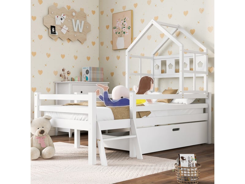  Lit 90x200cm, lit enfant avec échelle et tiroir, pin + mdf, protection, blanc, sans matelas  - Conforama R