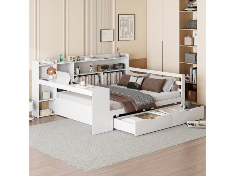  Lit enfant 140x200 cm, avec bureau et 2 tiroirs, en bois, blanc, sans matelas  - Conforama B