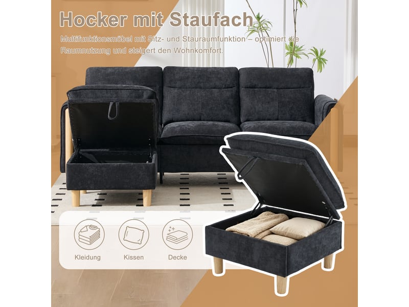 Canapé 3 places style nordique en l avec pouf à rangement, pochettes latérales, pieds en bois, chenille noir  - Conforama D