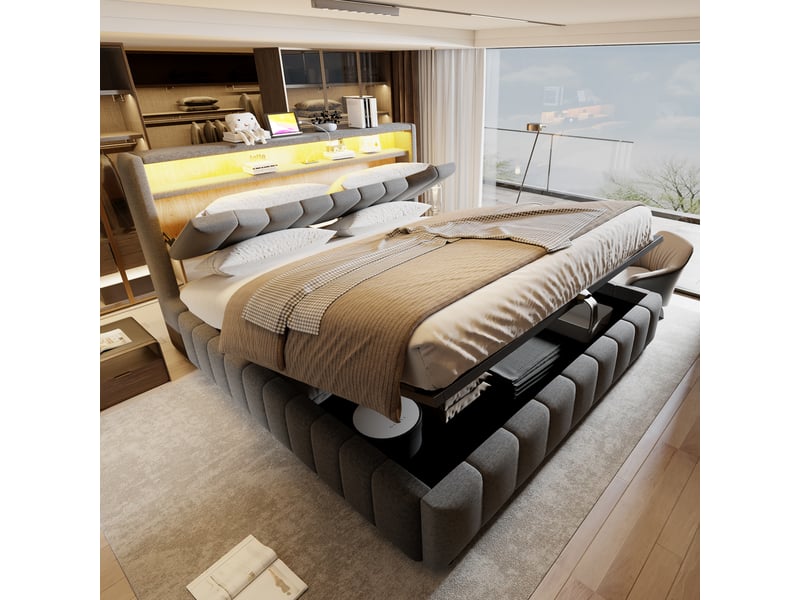 Lit adulte 180 x 200 cm, équipé de ports de recharge usb et usb-c, en lin,gris - Conforama D